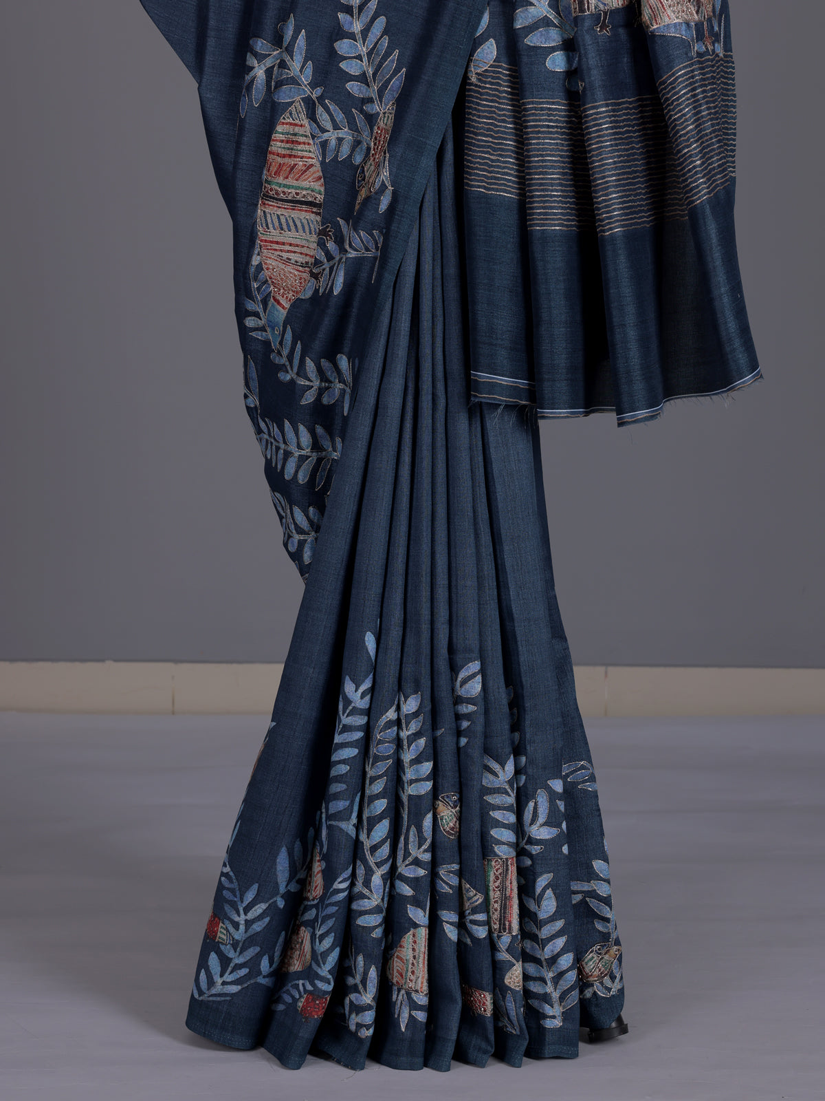 Navy women kalamkari beaded zari saree