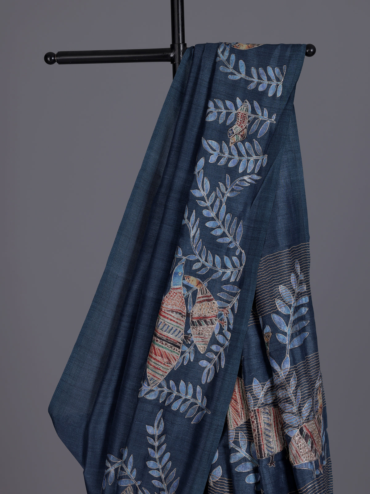Navy women kalamkari beaded zari saree
