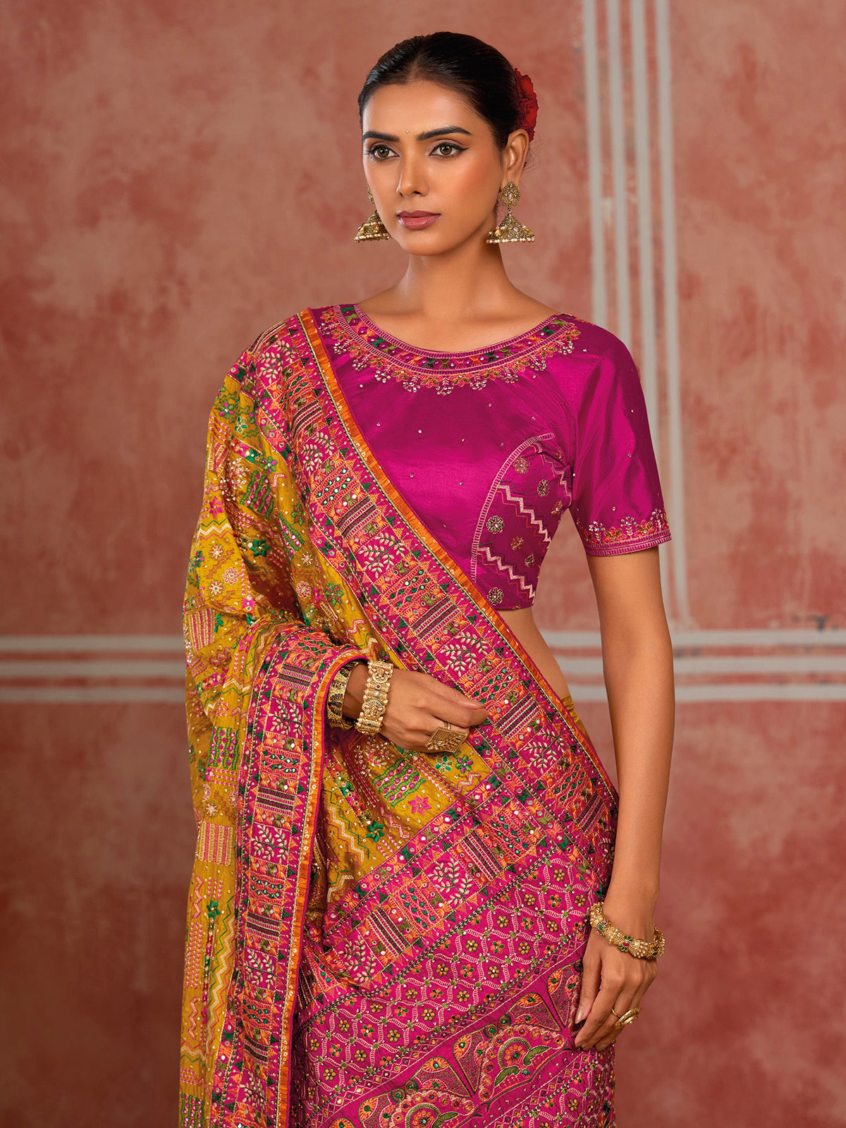 Mustard shana silk haldi saree with unstitched blouse