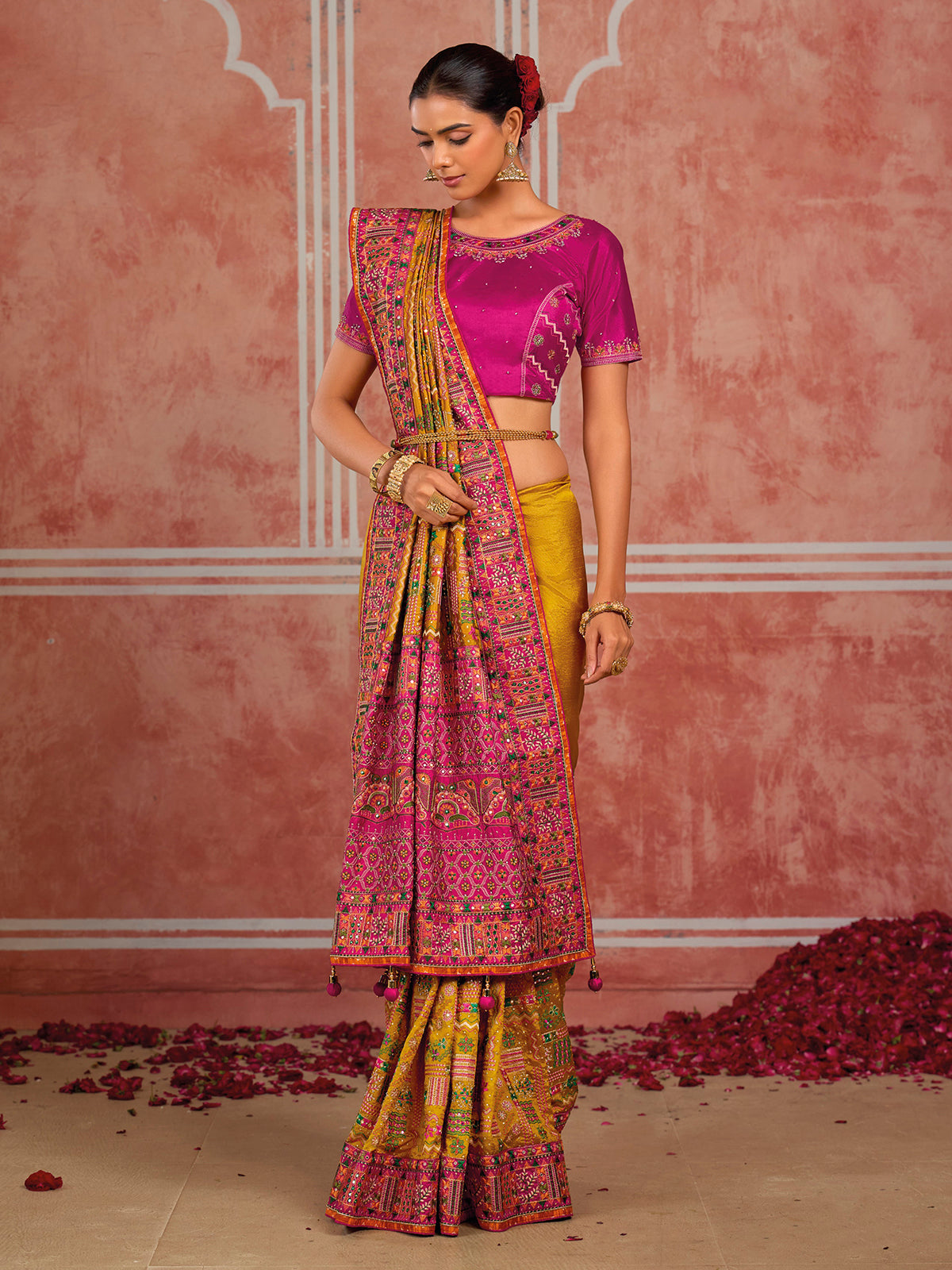 Mustard shana silk haldi saree with unstitched blouse