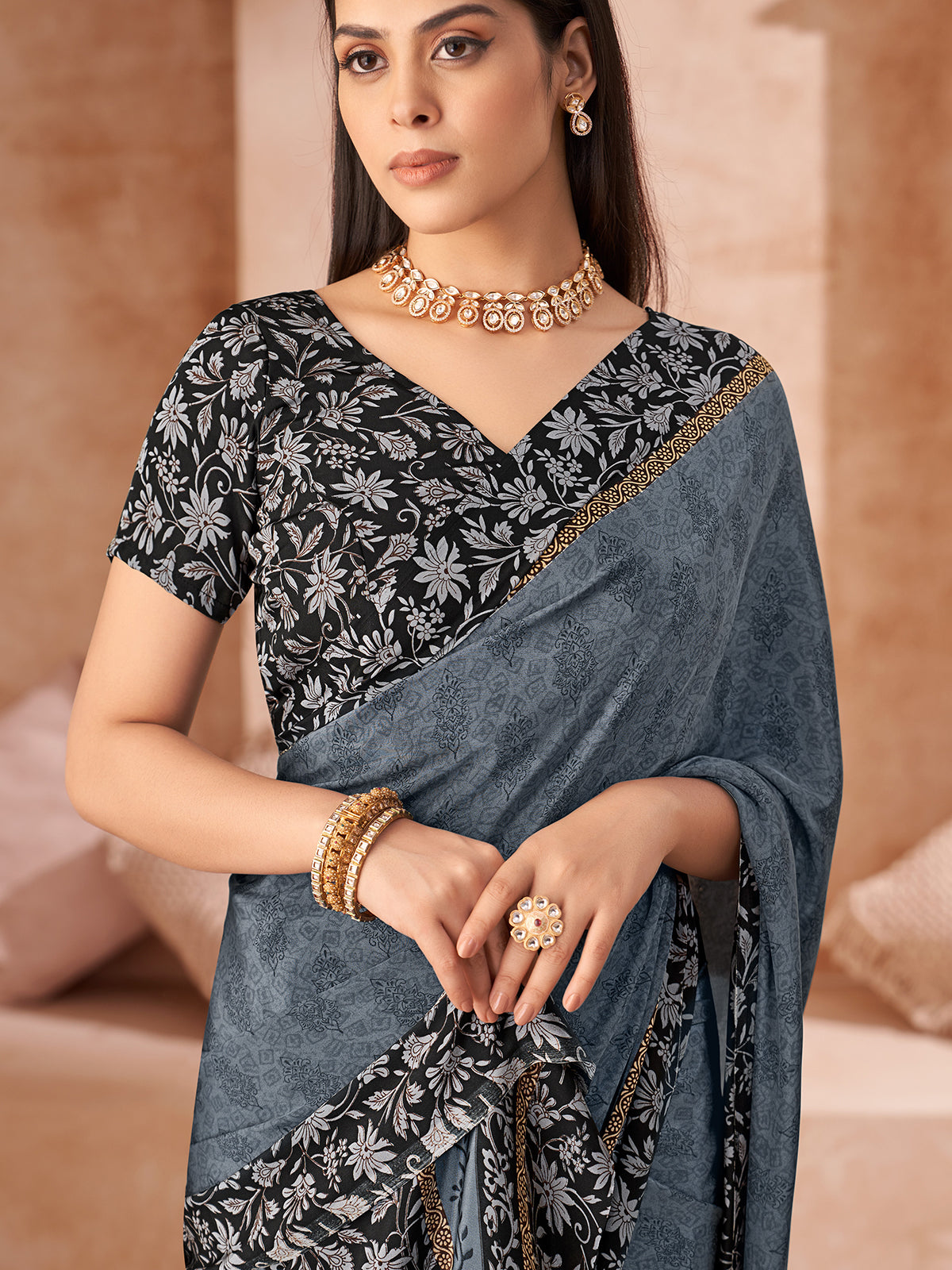 Black printed casual crepe silk saree with unstitched blouse
