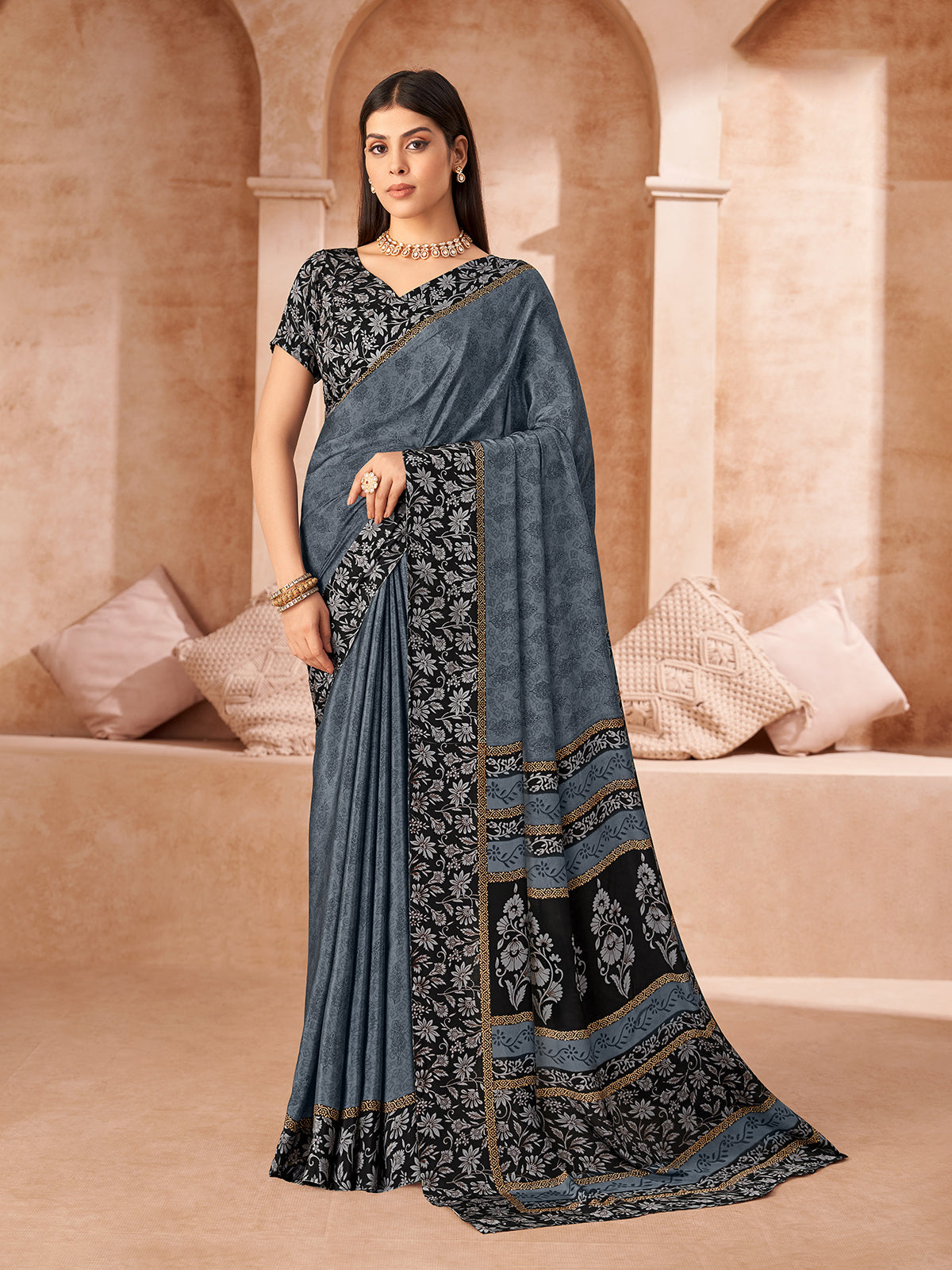 Black printed casual crepe silk saree with unstitched blouse