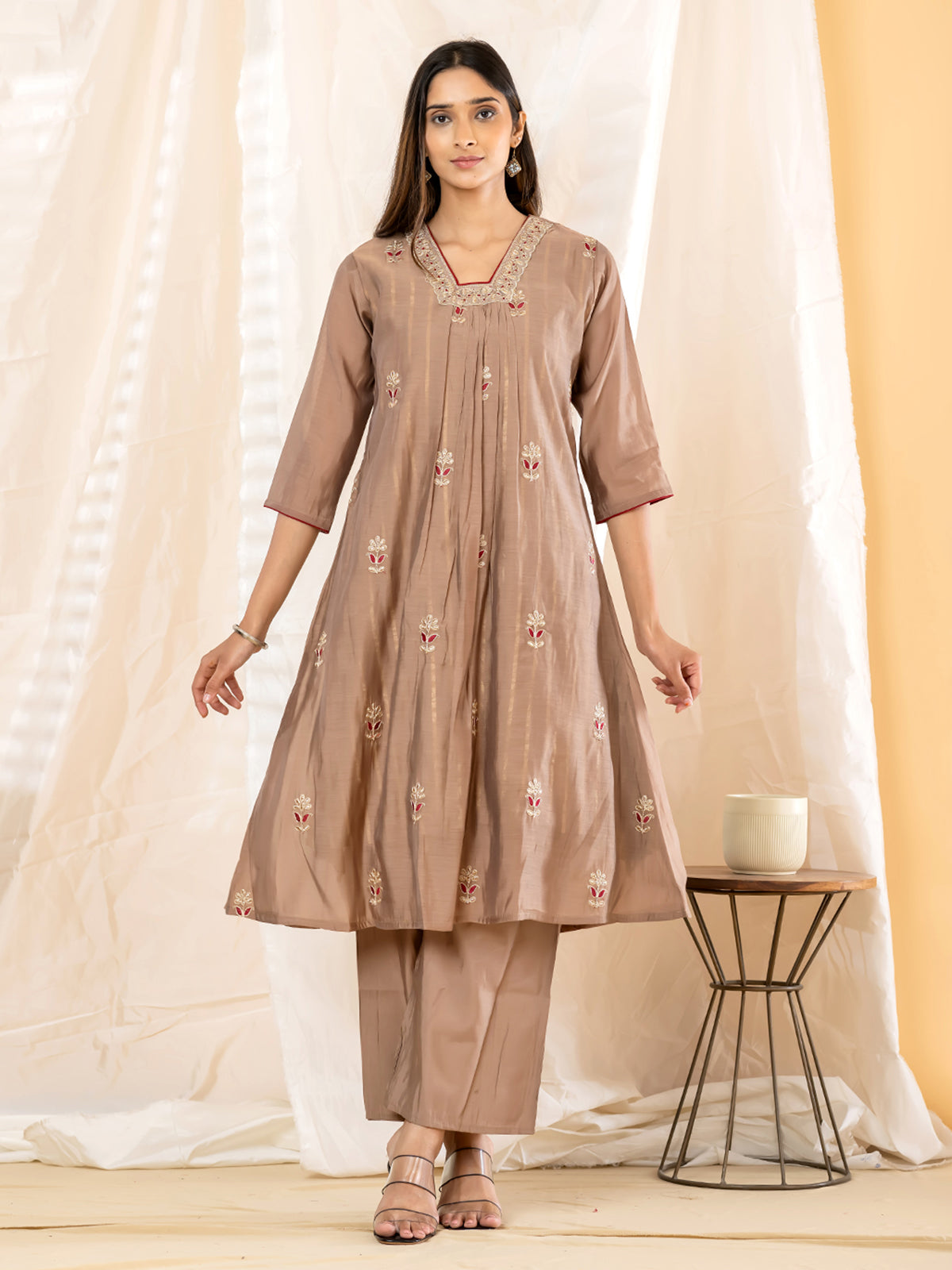 Beige floral anarkali women palazzo kurti set