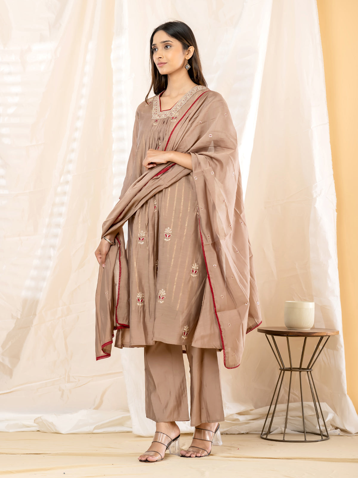 Beige floral anarkali women palazzo kurti set