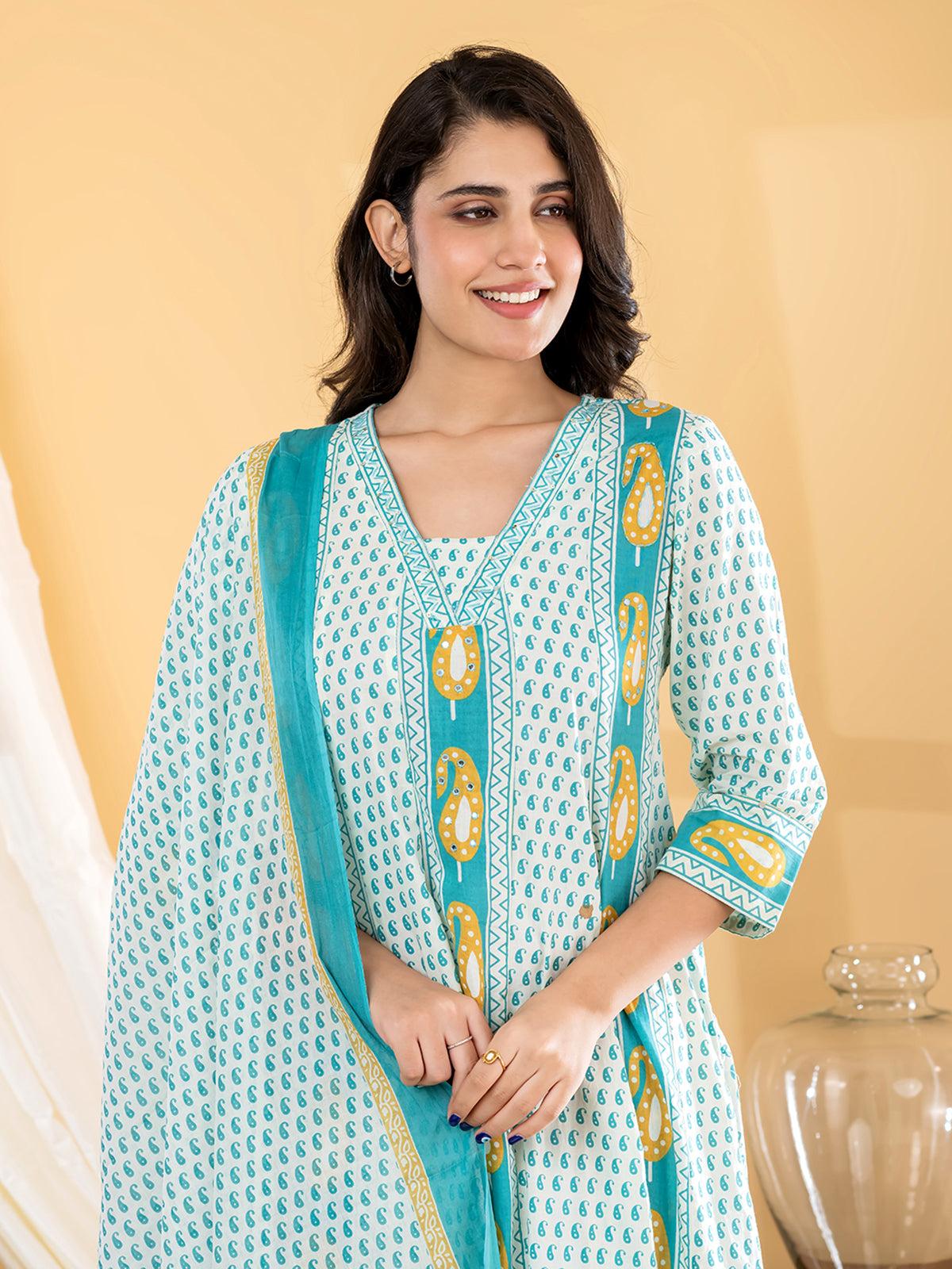 Sky blue paisley anarkali women pant kurti set