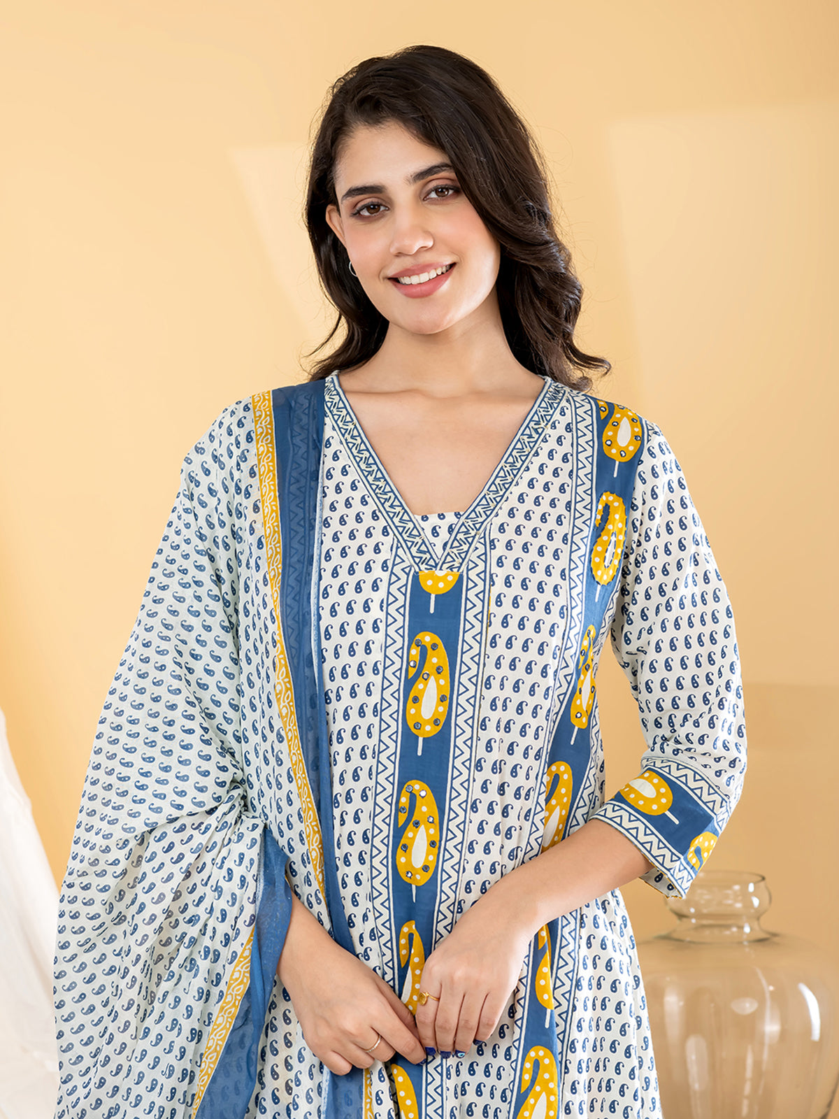 Indigo blue paisley anarkali women pant kurti set