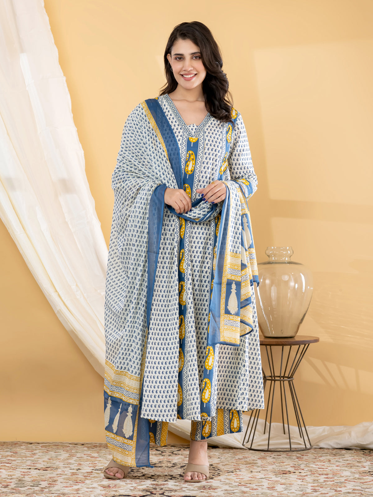 Indigo blue paisley anarkali women pant kurti set