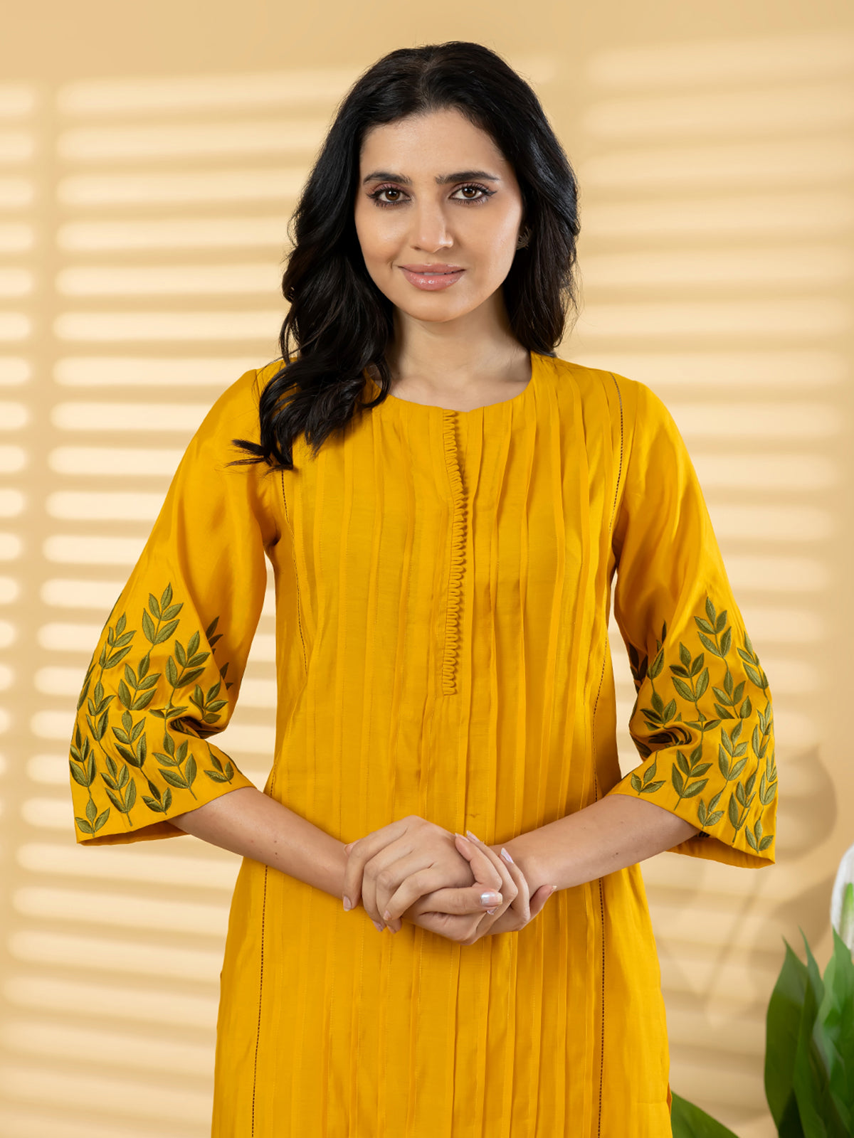 Yellow pin tuck women pant kurti set