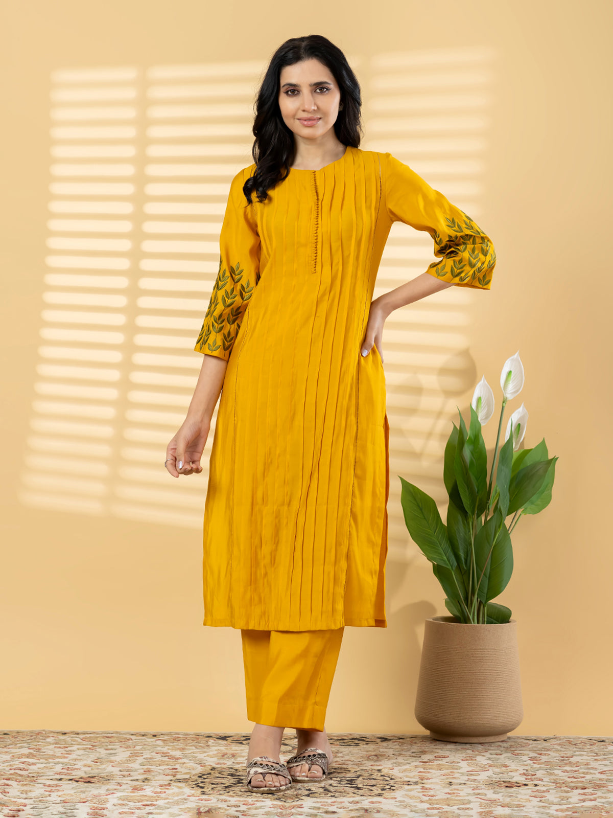 Yellow pin tuck women pant kurti set