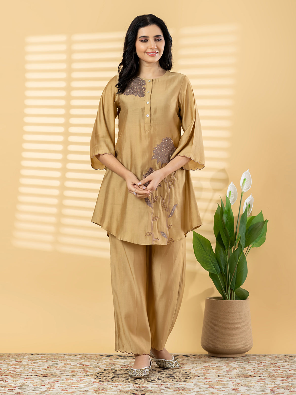 Gold floral patchwork women palazzo kurti set