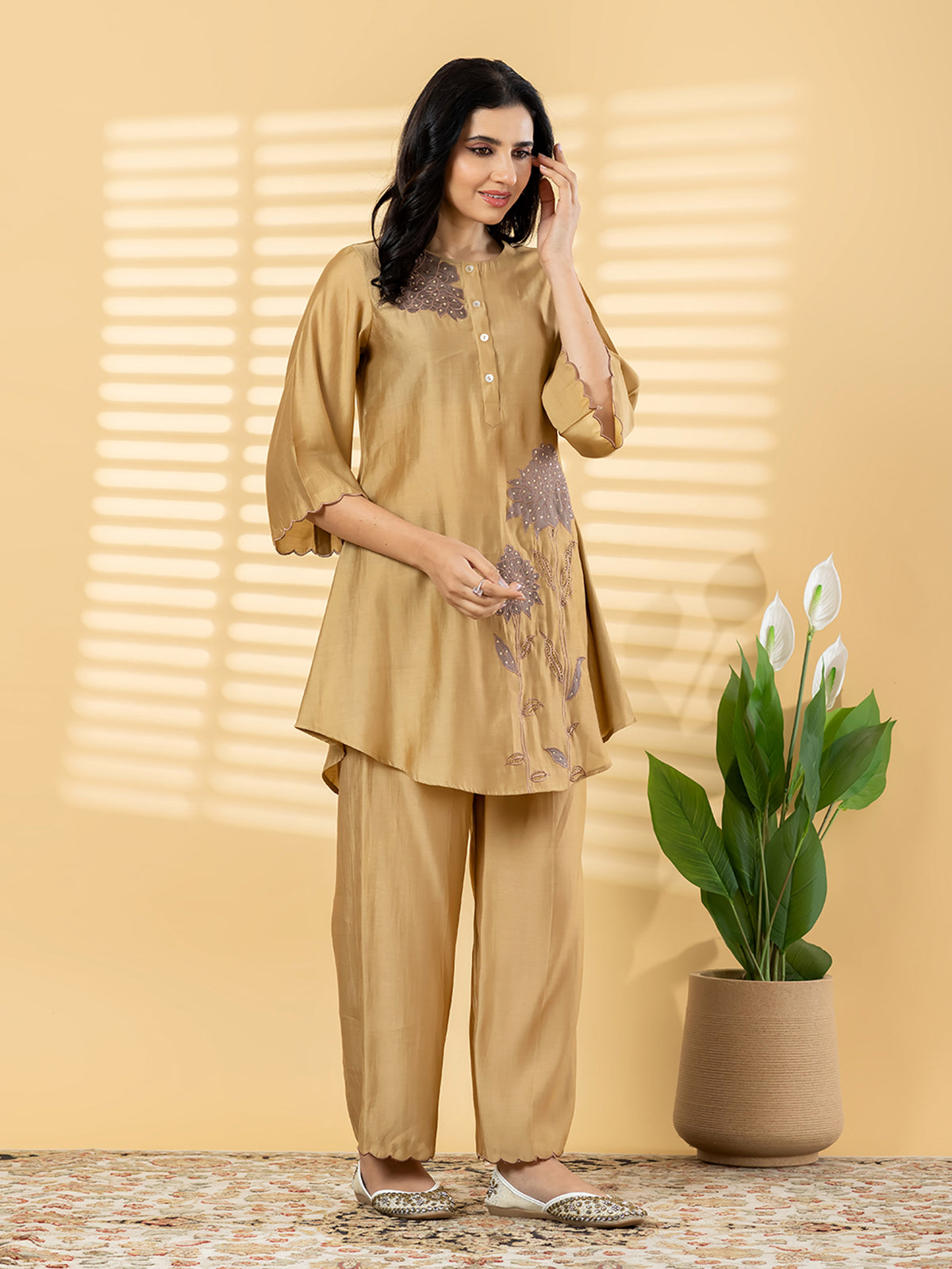 Gold floral patchwork women palazzo kurti set