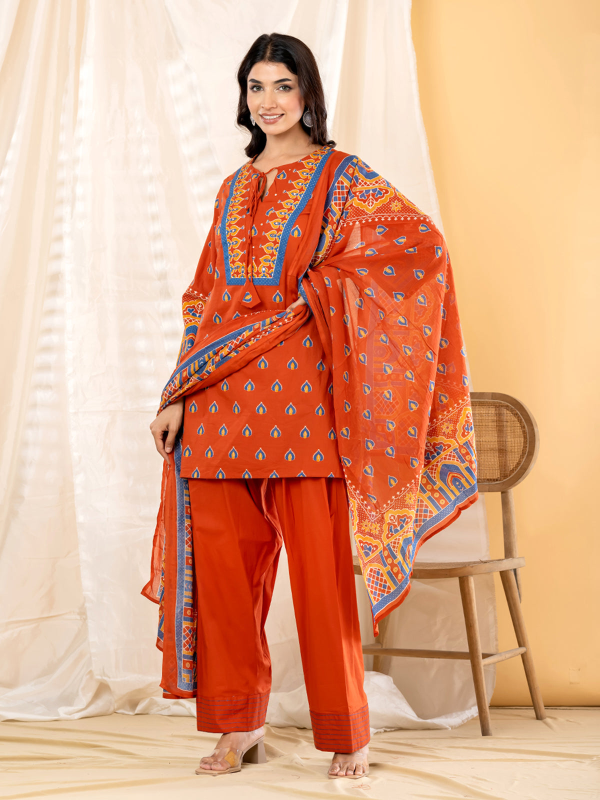 Rust orange ajrakh printed women salwar kurti set