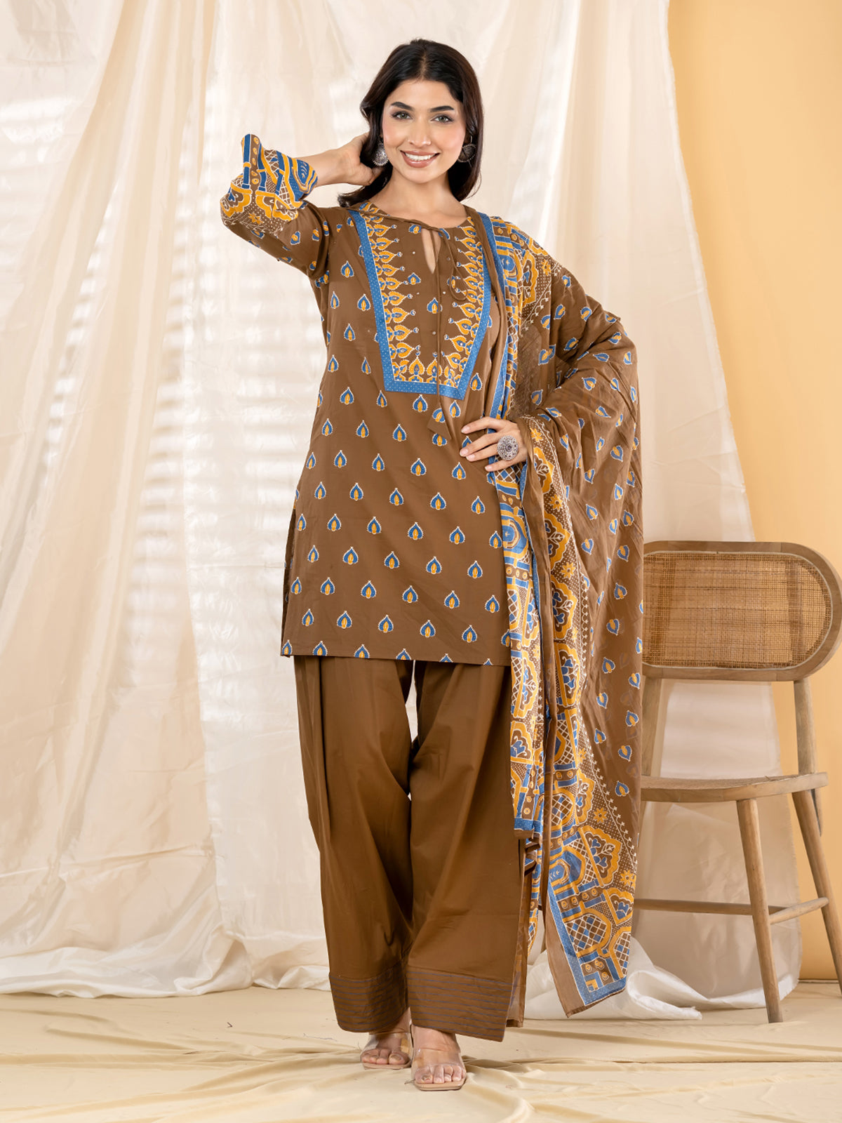 Brown ajrakh printed women salwar kurti set