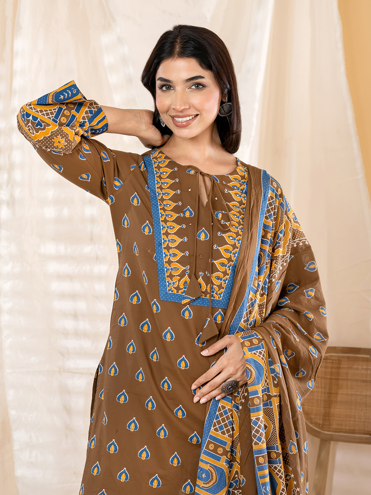 Brown ajrakh printed women salwar kurti set