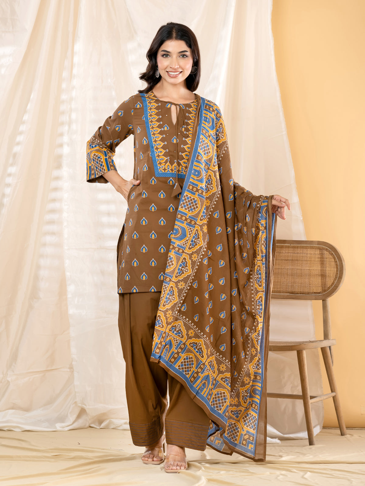 Brown ajrakh printed women salwar kurti set