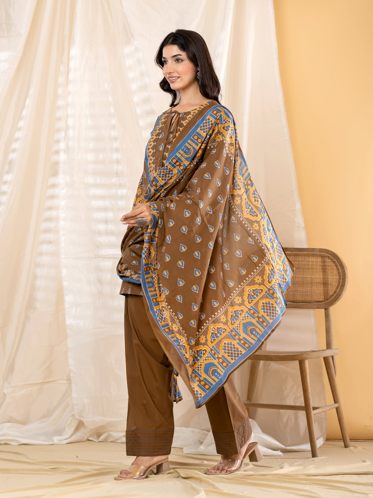 Brown ajrakh printed women salwar kurti set