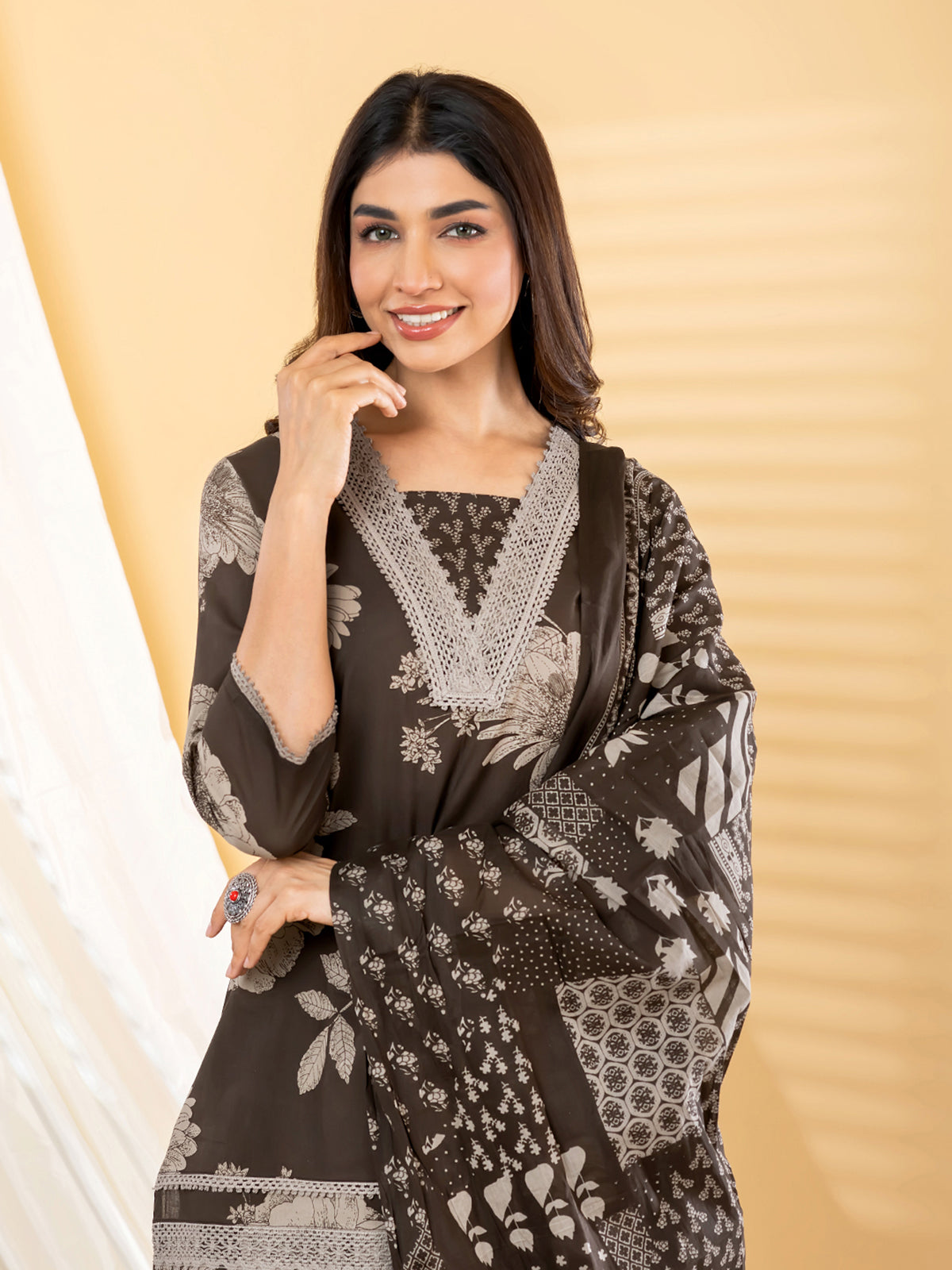 Deep charcoal floral women palazzo kurti set