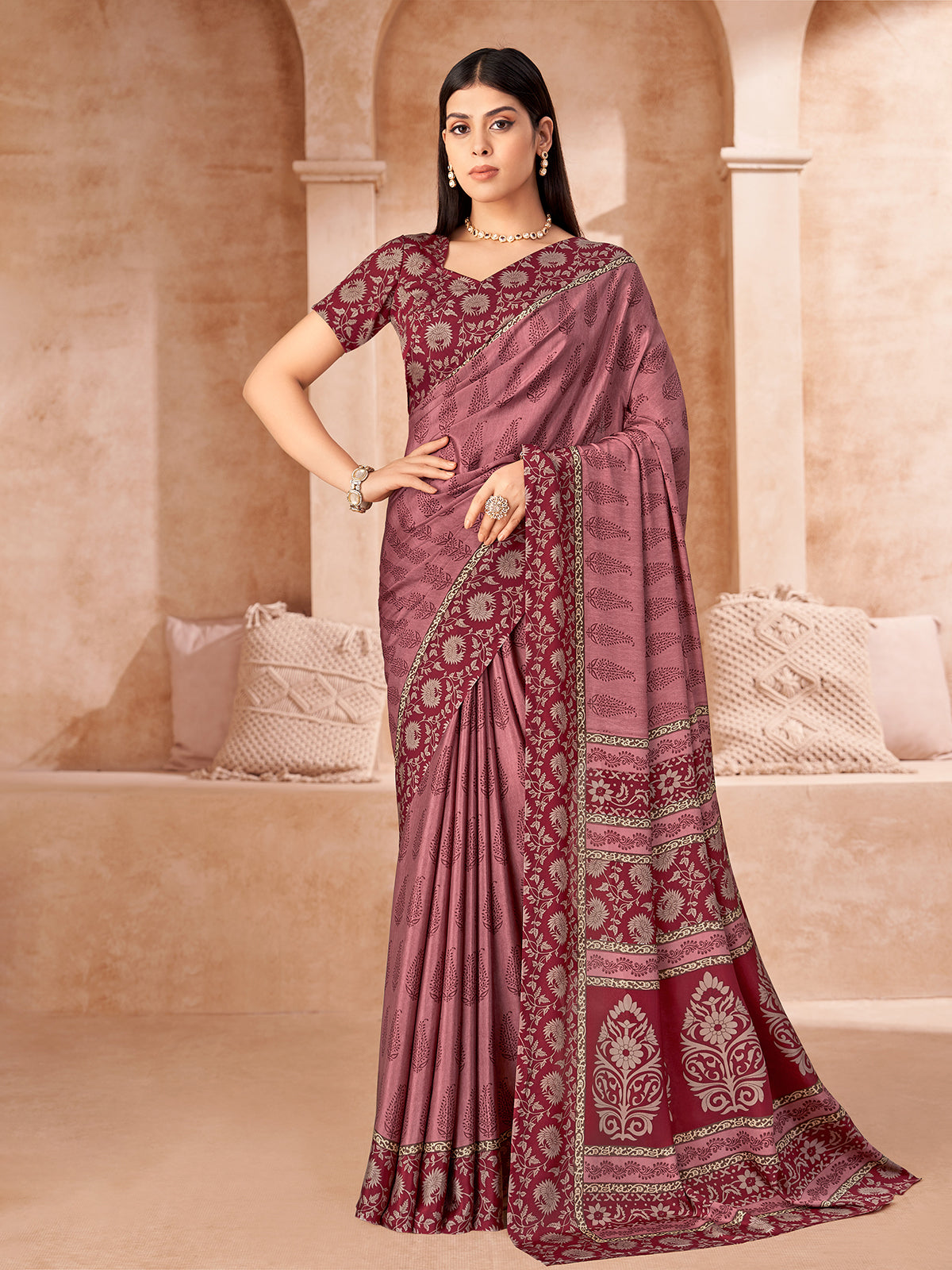 Red printed crepe silk saree with unstitched blouse
