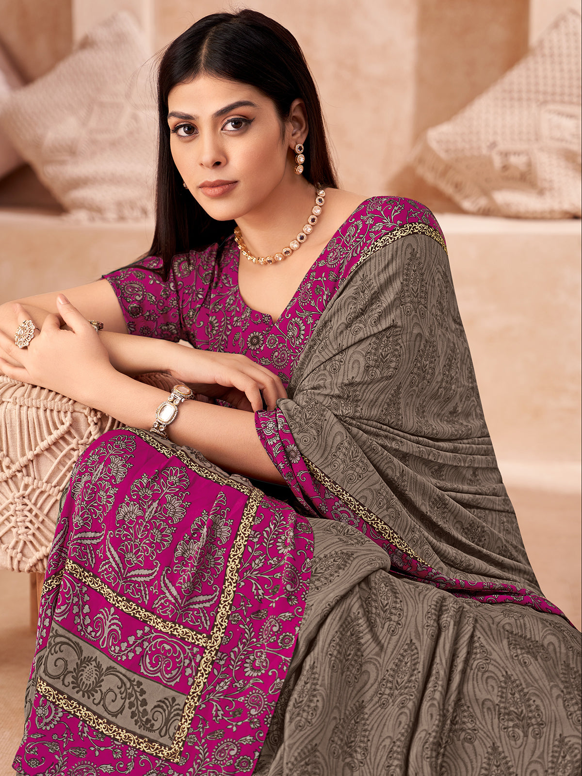 Rose pink printed crepe silk saree with unstitched blouse
