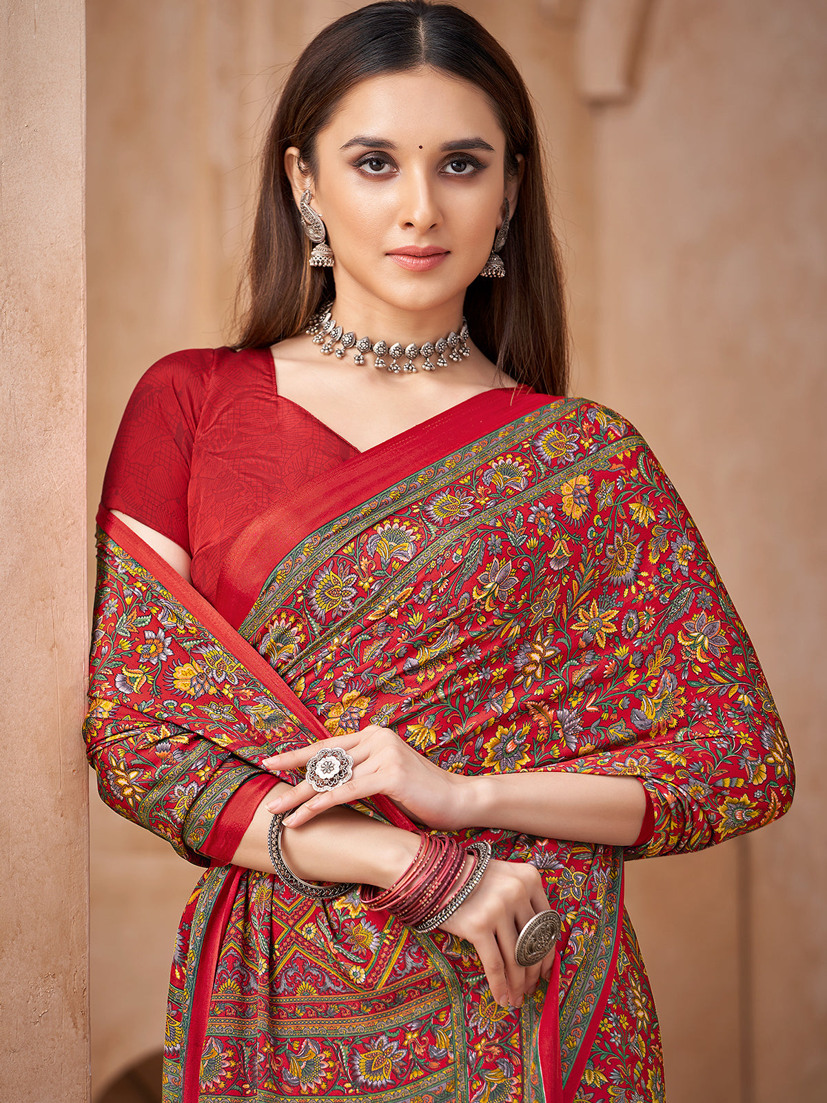 Red kalamkari printed crepe silk saree