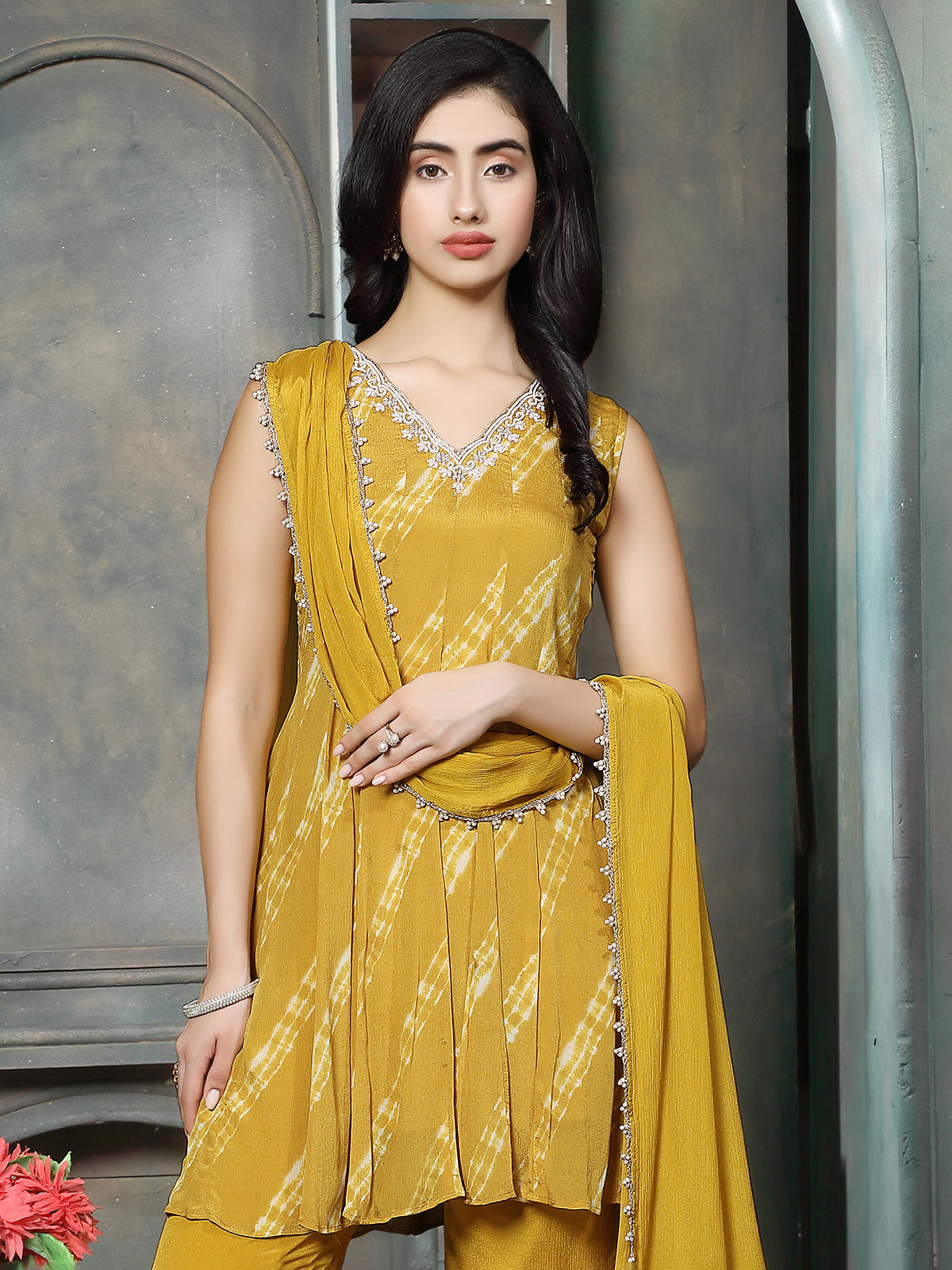 Yellow women leheriya embellished sharara set