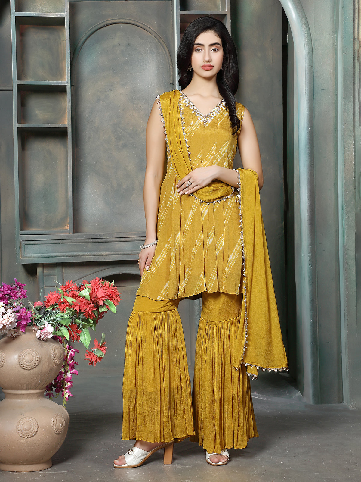 Yellow women leheriya embellished sharara set