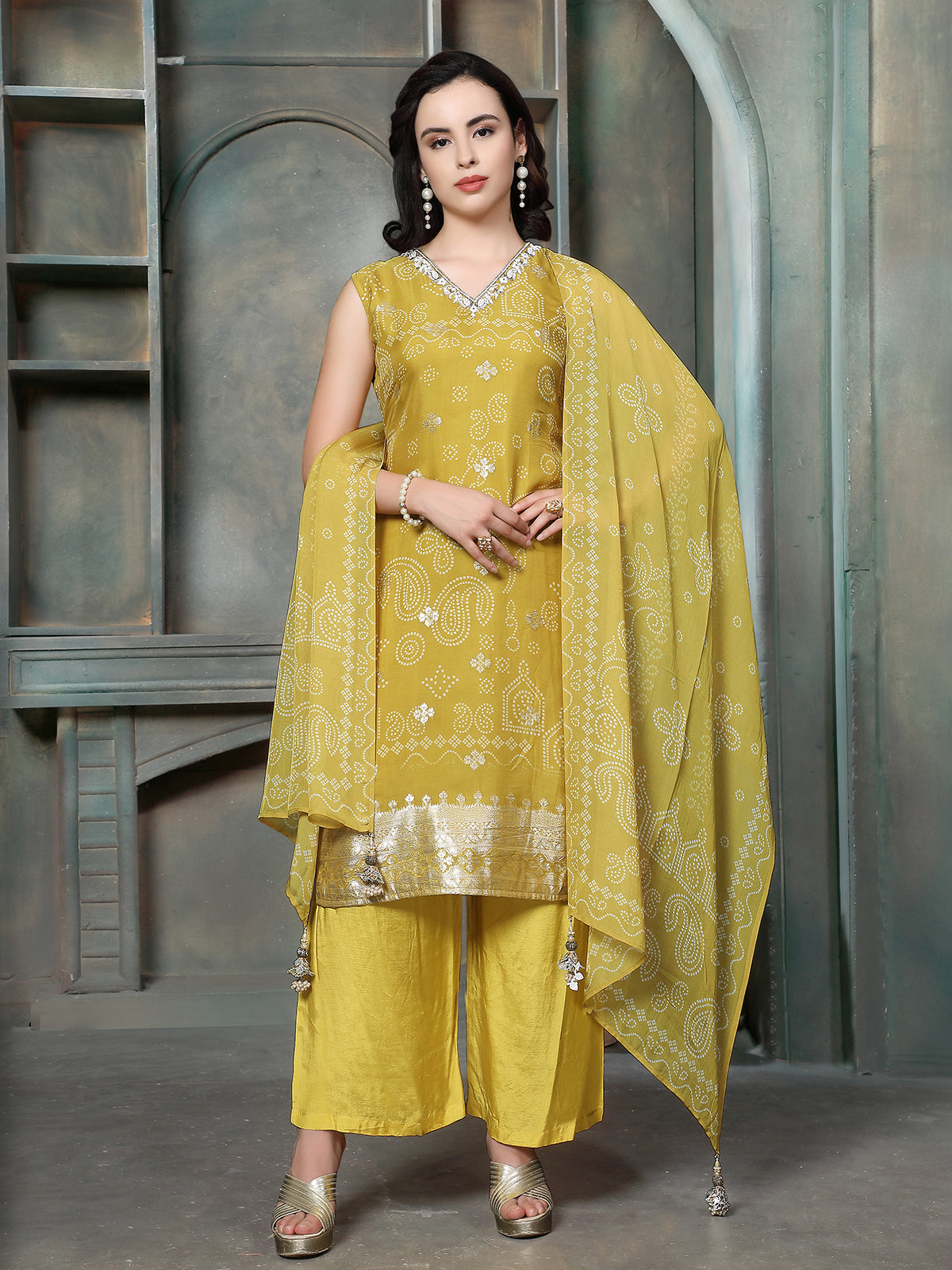 Yellow women bandhani embellished palazzo set