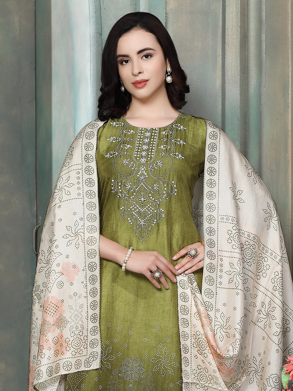 Green women bandhani floral kurti set