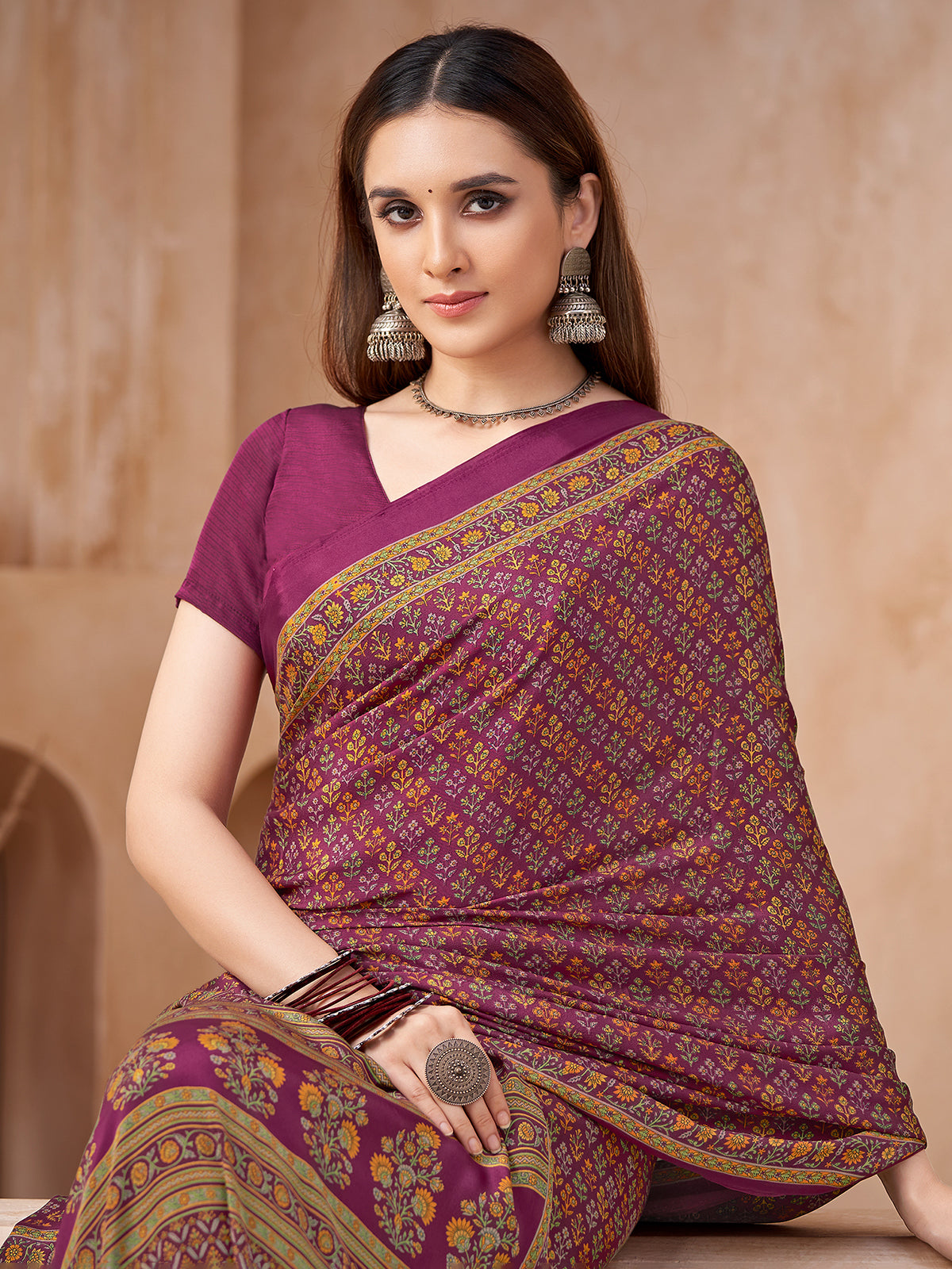 Rani pink printed crepe silk saree