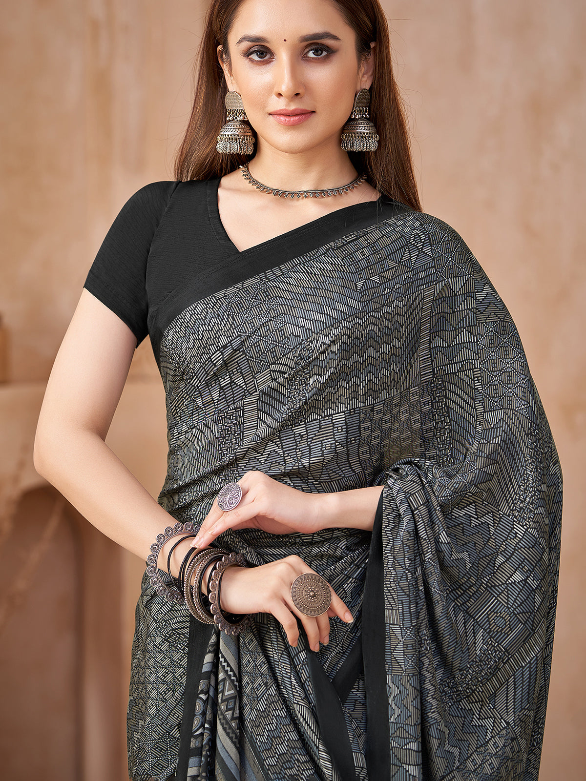Black abstract printed crepe silk saree