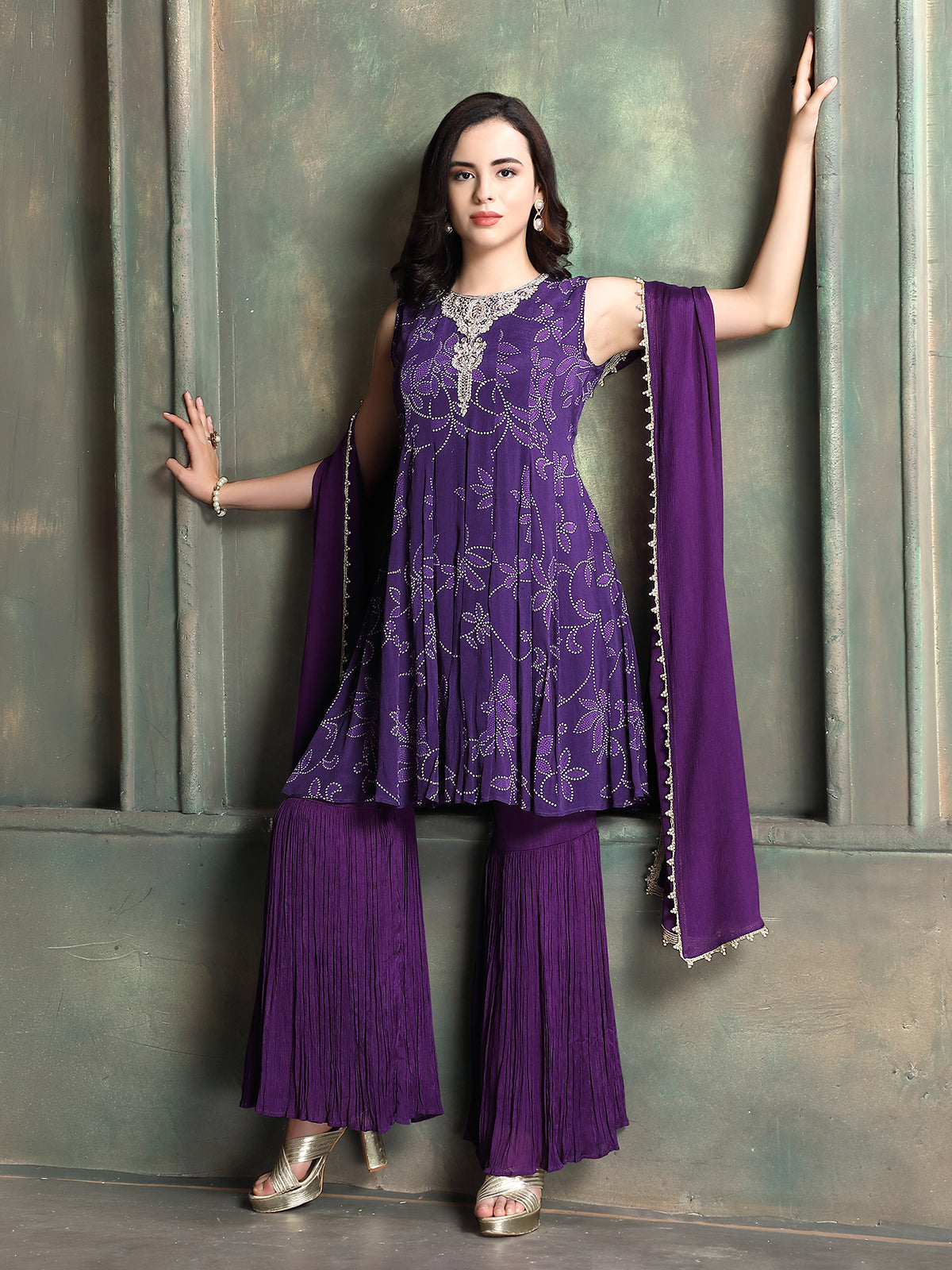 Purple women bandhani floral sharara set