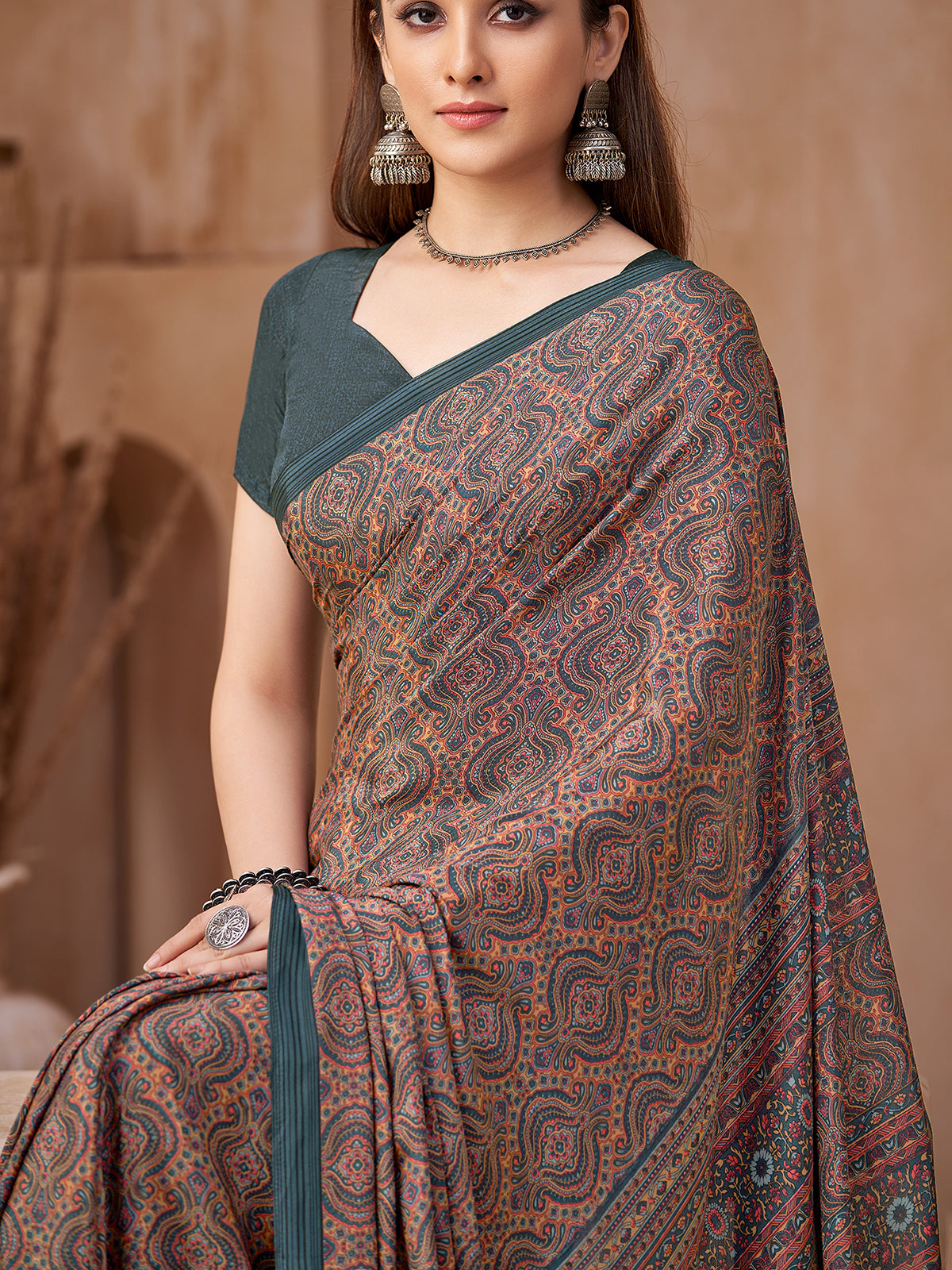 Grey kalamkari printed crepe silk saree
