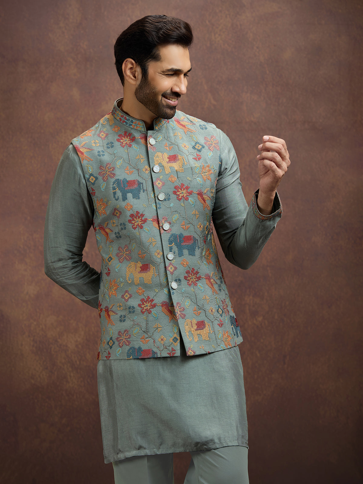 Sage grey folk embroidered silk waistcoat set