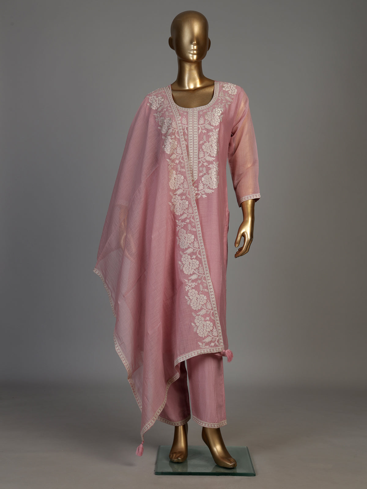 Pink women floral threadwork kurti set