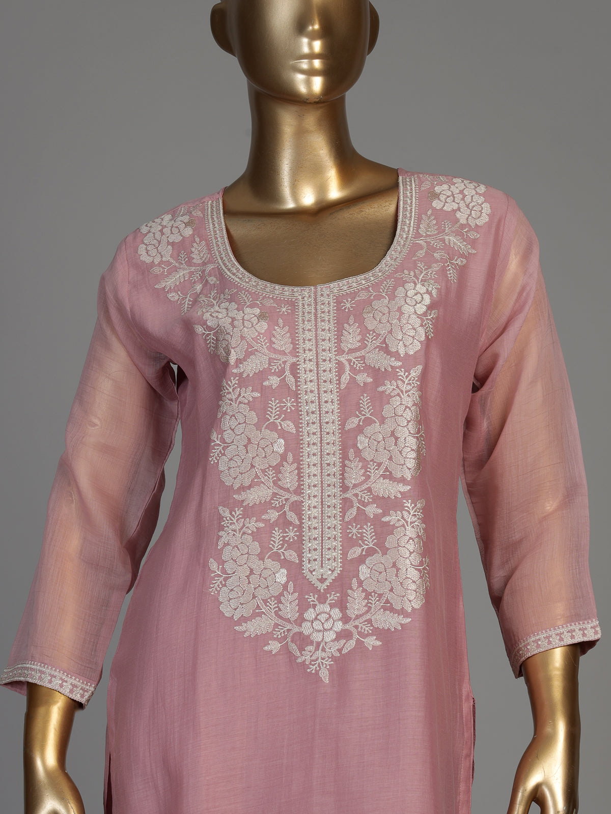 Pink women floral threadwork kurti set