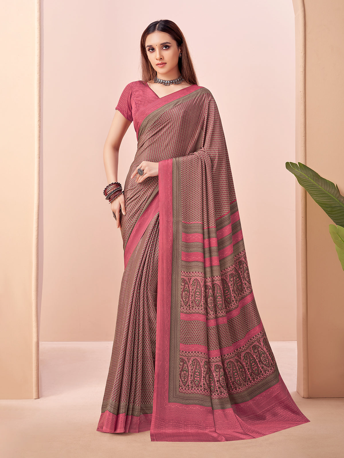 Pink printed crepe silk saree for women