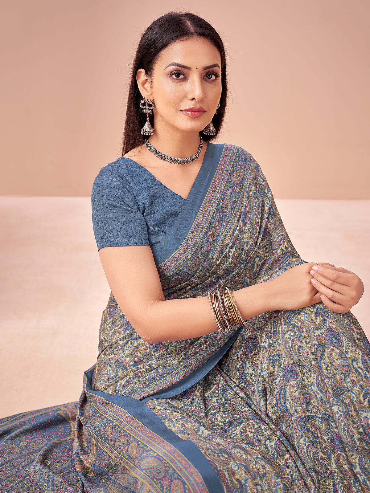 Stone blue printed crepe silk saree with unstitched blouse