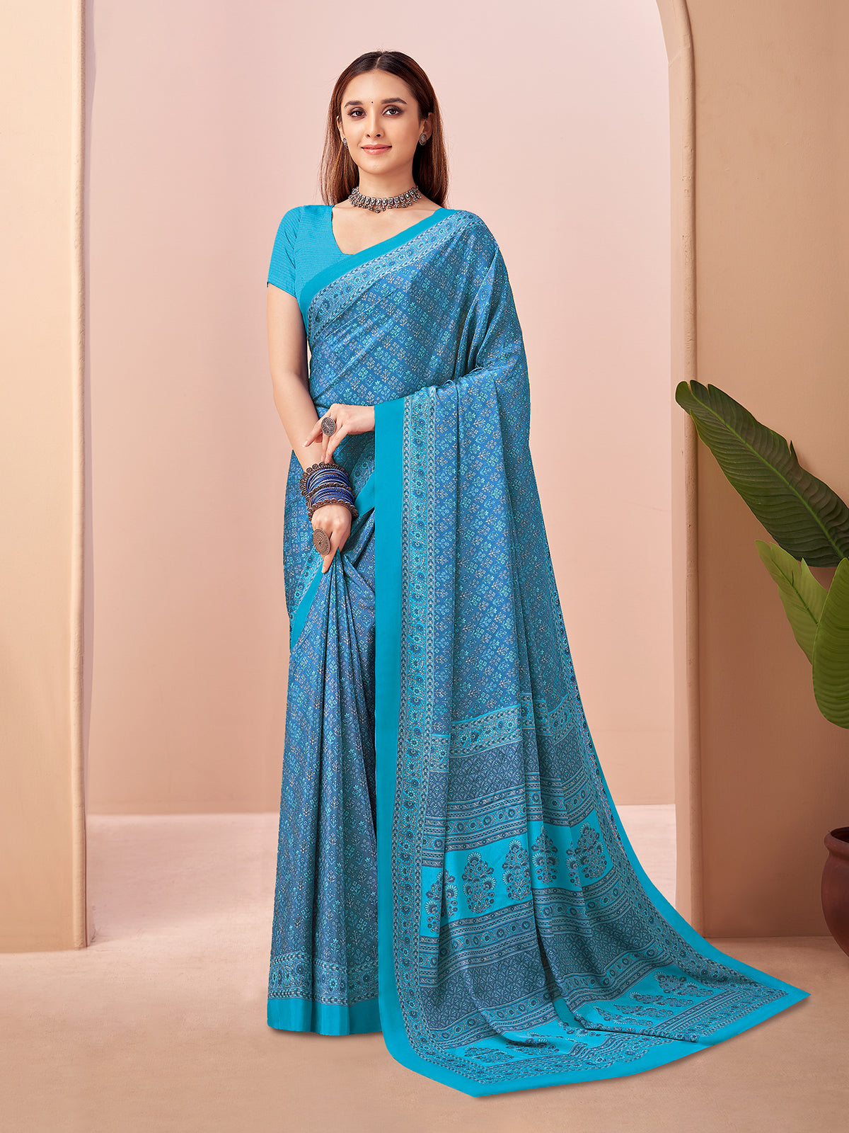 Sky blue printed casual crepe silk saree with unstitched blouse