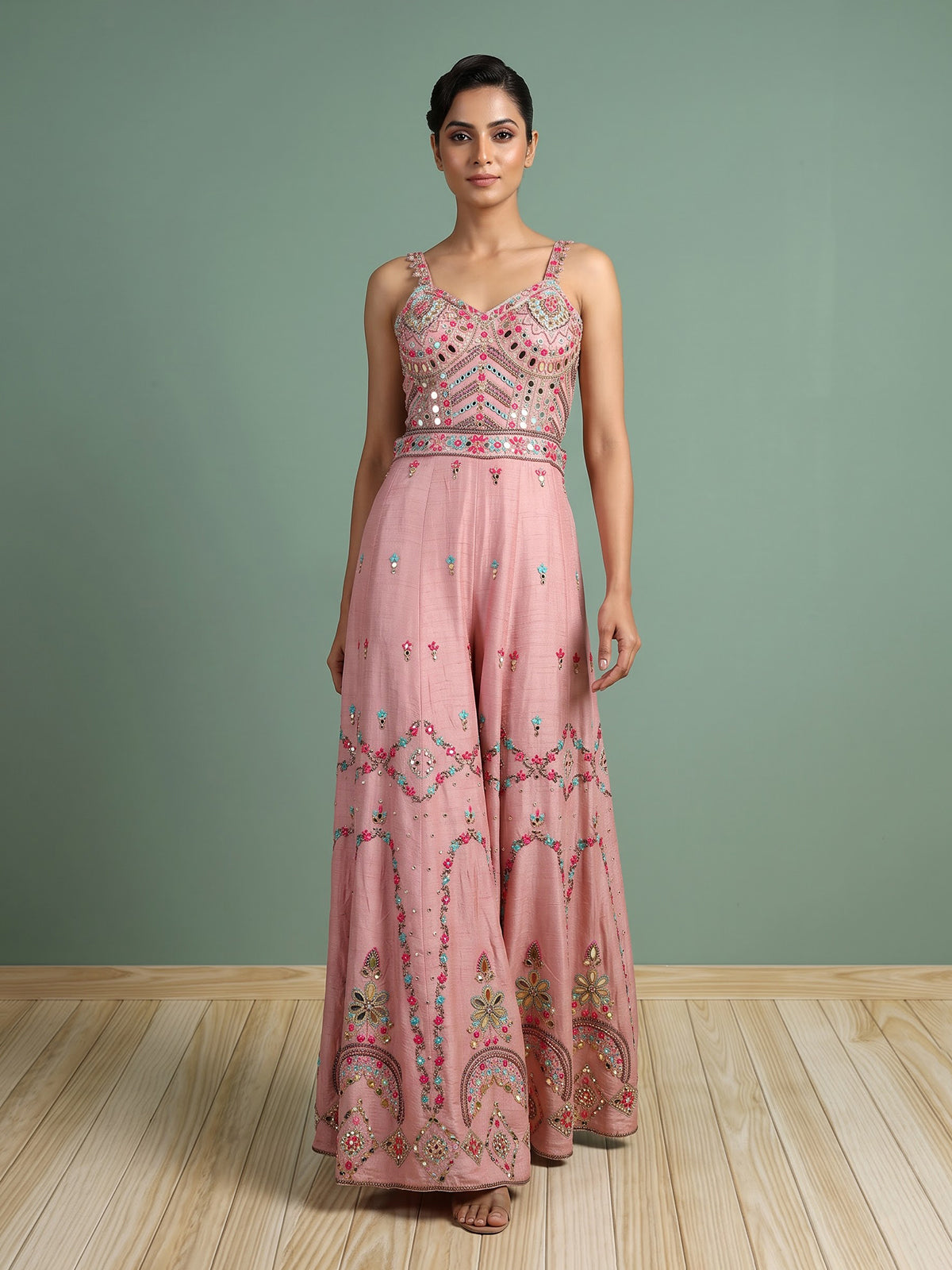 Pink women embroidered leheriya jumpsuit indo western