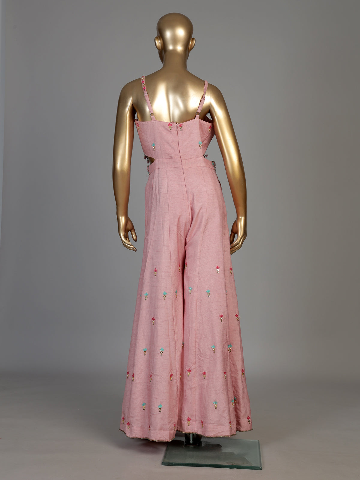 Pink women embroidered leheriya jumpsuit indo western
