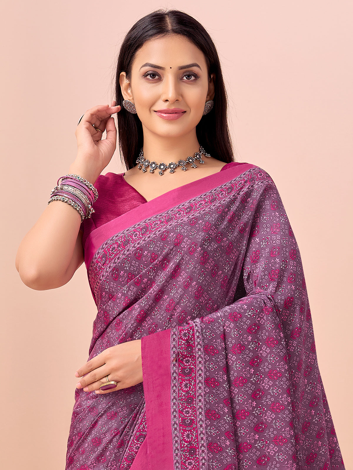 Pink bandhani printed crepe silk saree with unstitched blouse