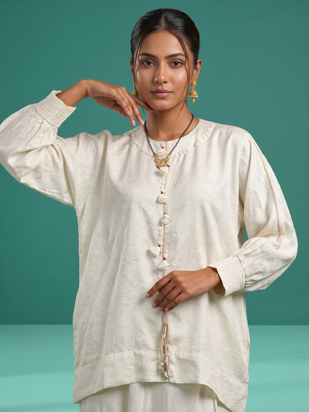 White women embellished jacket dhoti indo western