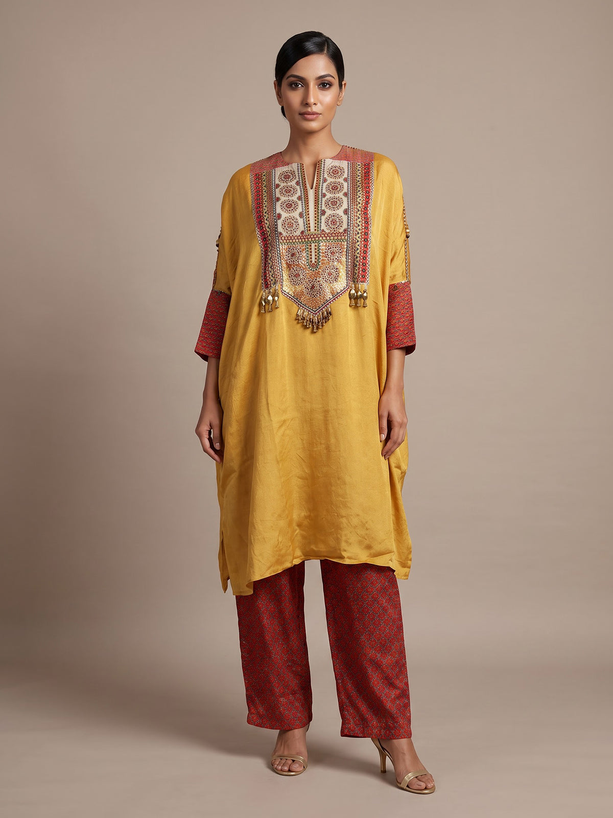Mustard yellow women embroidered tussar silk pant suit