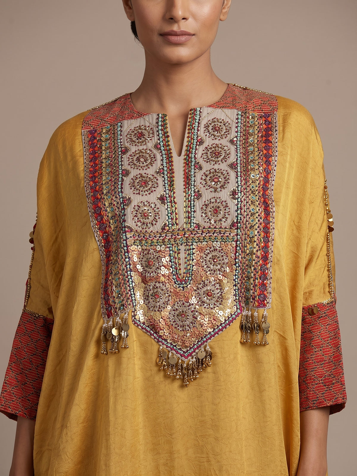 Mustard yellow women embroidered tussar silk pant suit