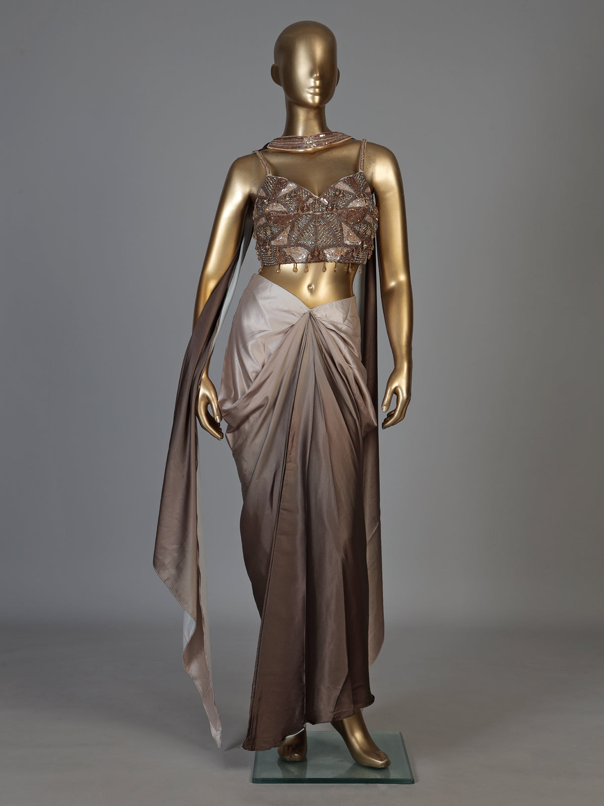 Silver brown women shaded cowl skirt indo western