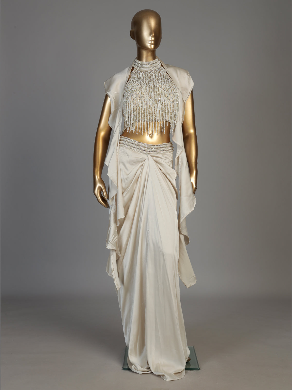 White women pearl embellished ruffled shrug indo western