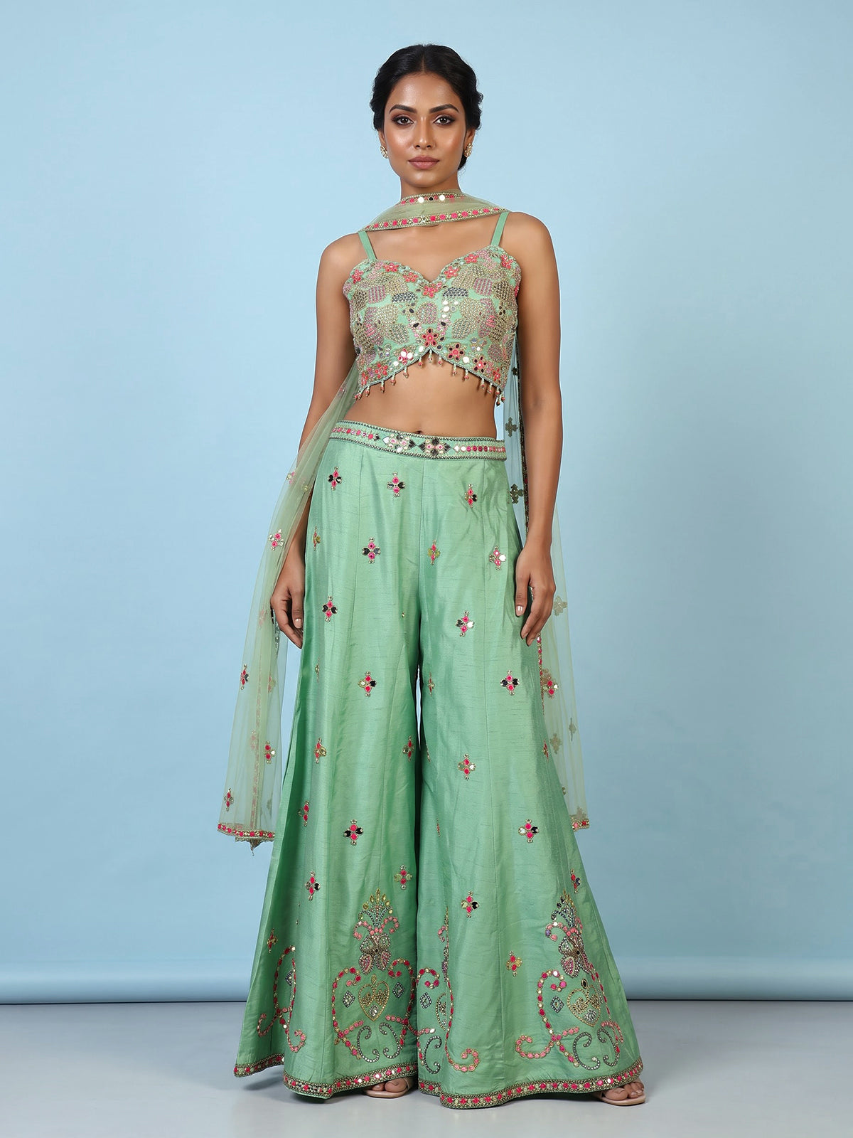 Pista green women jharokha embellished sharara suit