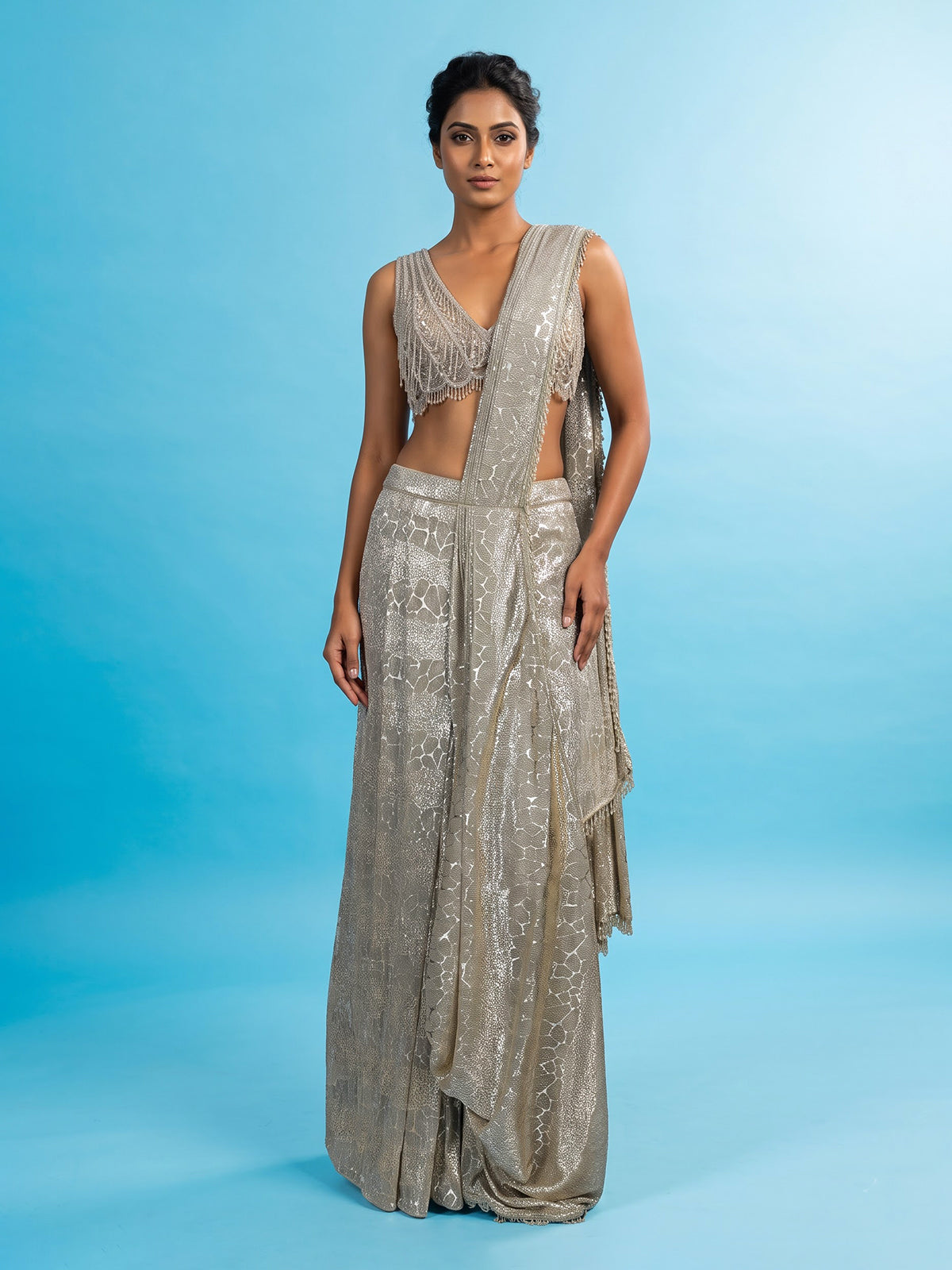 Beige women dazzling lurex ready to wear saree