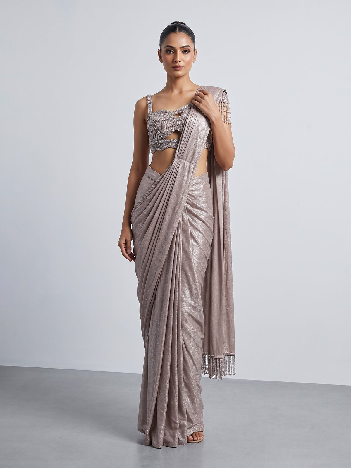 Onion pink women dreamy shimmer ready to wear saree