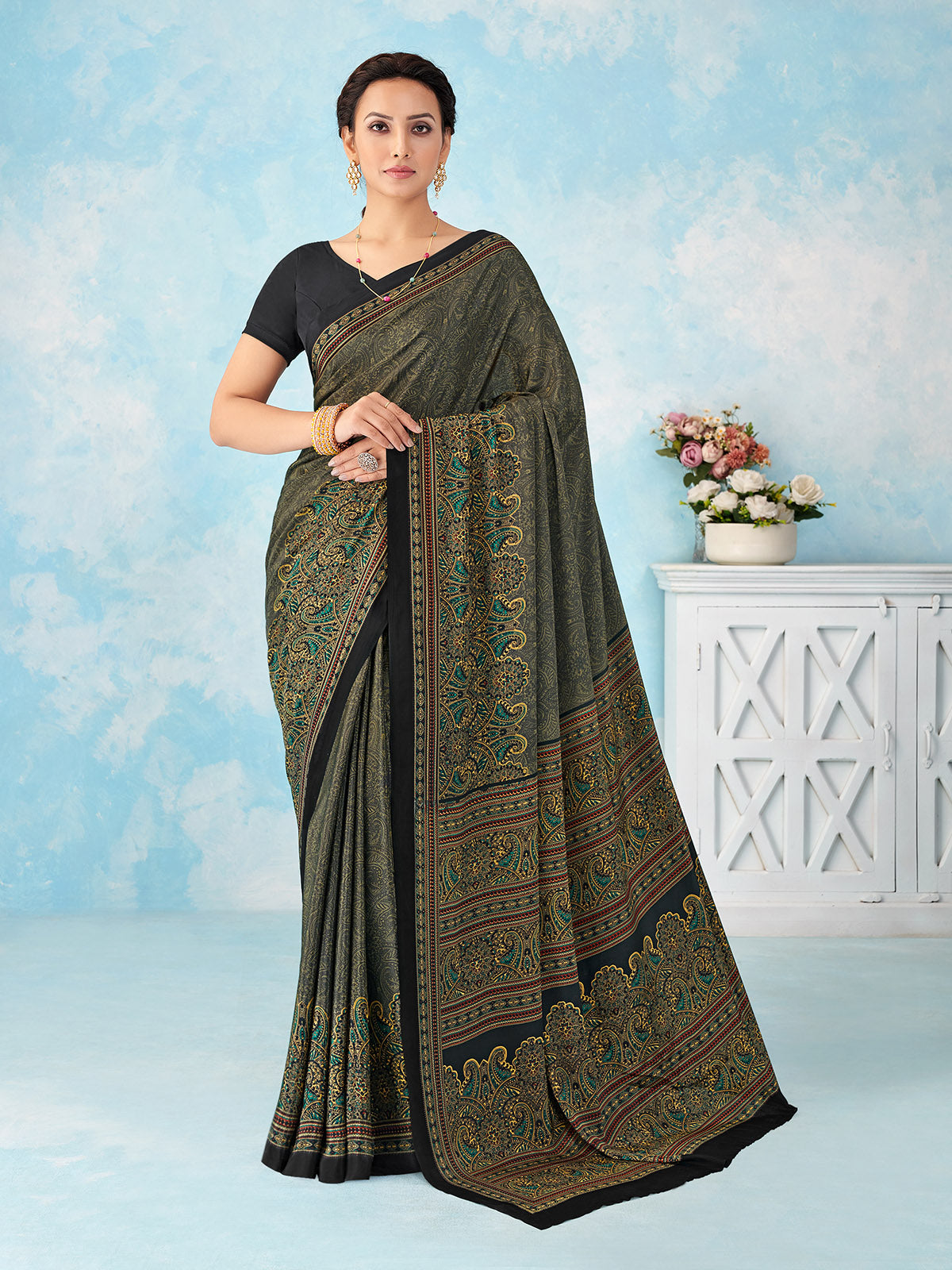 Black damask printed crepe silk saree